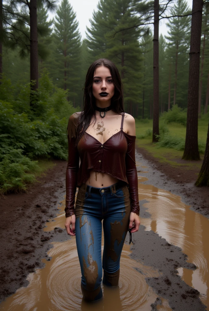 Adelaide Kane, Cora Hale, Wolf, 18 years old, long messy light black hair, green eyes, open black leather jacket, pink blouse with red flower print, dark black jeans, black boots, wolf pendant, wolf print White Wolf. Forest background with fog aura around black color.