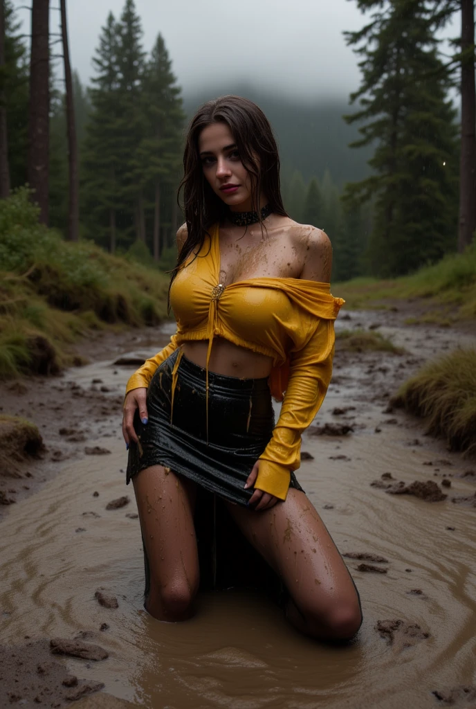 The Realism of Photography, 1 Mature Women, jeans skirt, (black lace stockings with garters), leather jacket, drowning in a swamp, (Kneeling), gloomy ecstasy, (side-view:1.1), soaking wet