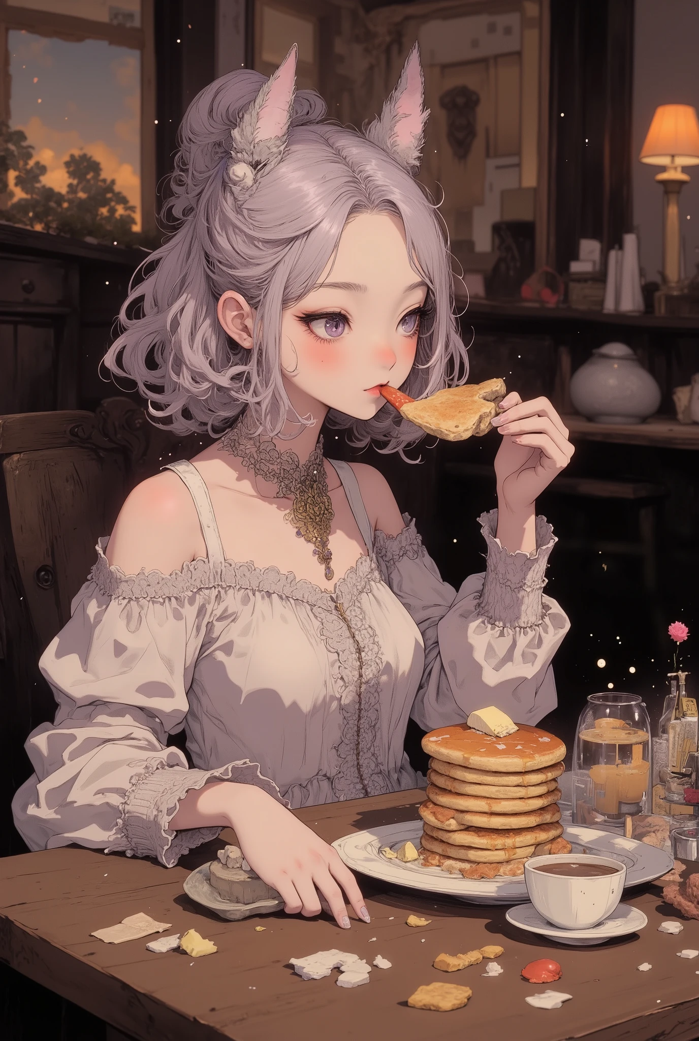 (((dramatic angle))), (((Macro))), (close up shot : 1.8), (low angle:1.8), Ultra-realism, (pancake focus : 1.8), 1 girl with opening mouth, ((Pupil details, sparkling eyes)), thick lips, open mouth, profile, (((side view))), from side, high quality, soft silver medium length hair, Muddy pink off-shoulder blouse, beautiful detailed, beautiful hair, (((five fingers))), Anatomically correct, (((woman eating pancakes))), sitting on chair in front of table, stylish and beautiful, (((She's eating a slice of pancake stuck in her fork))), (((The number of fingers holding the fork must be five))), pancakes on the table, pancakes covered with plenty of syrup and butter, stylish cafe, cinematic lighting, high Definition model, high detail, (((The textures are soft))), ((matte and toy-like with a handmade premium look)), (((Tim Burton style))), beautiful woman, perfect body, anime style, simple lines, (intricate details:1.1), 