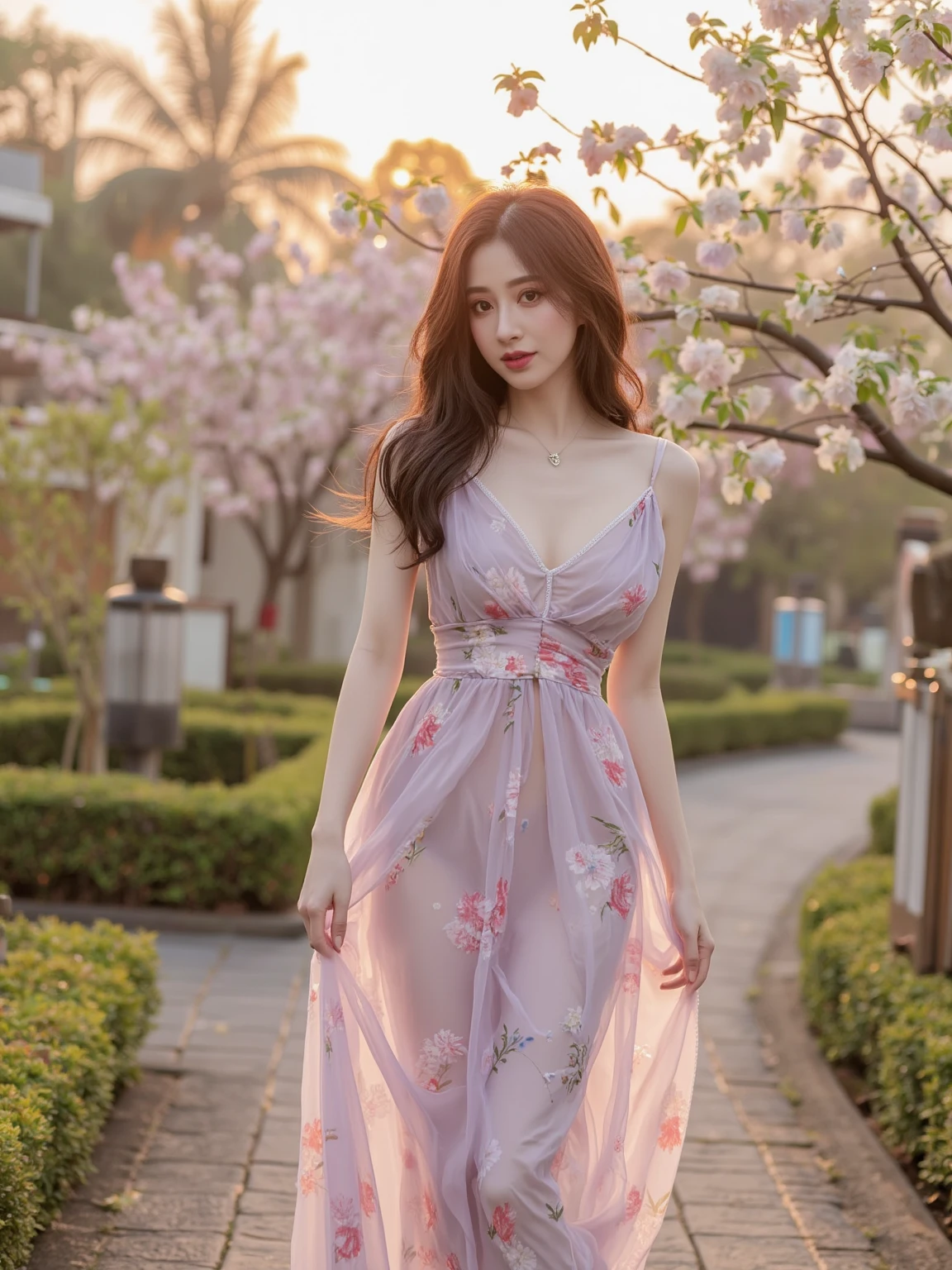 1 Girl,riverside,Soft Light,Chinese Beauty,Tight Fit,translucent,Lilac dress,