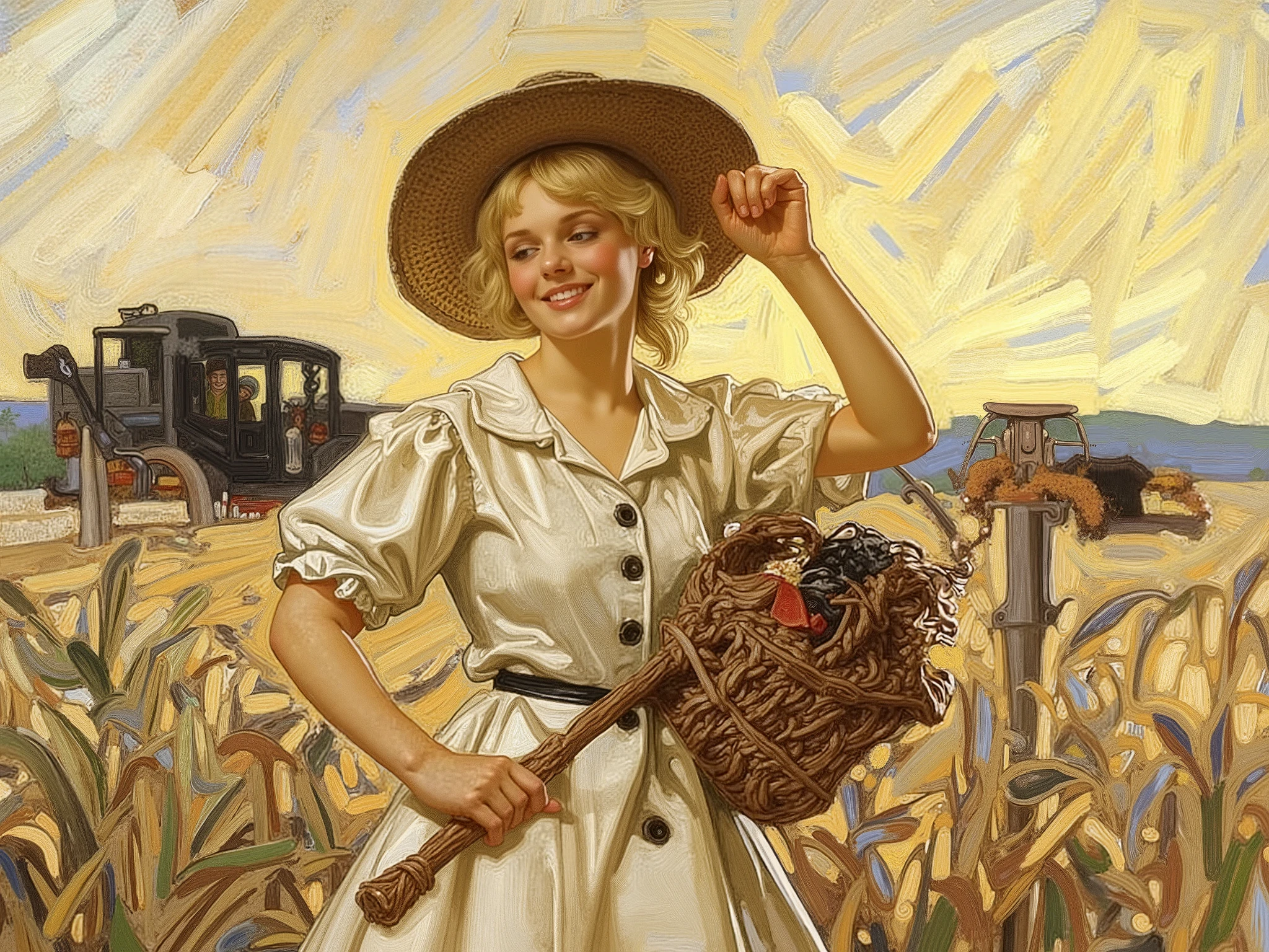 HDR, 8K, high contrast, masterpiece, best quality, amazing quality, very aesthetic, traditional paint artstyle, realistic, newest, Leyendecker, J.C Leyendecker, deckr
BREAK
a blonde woman standing in a farm, flowing dress, farmer's hat, holding onto hat, looking to side, warm smile, warm light, historical style, oil painting, with visible brushstrokes, composition is dynamic, strong visual focus, pastel-like colors, slightly golden-tone lighting, atmospheric, outdoors.