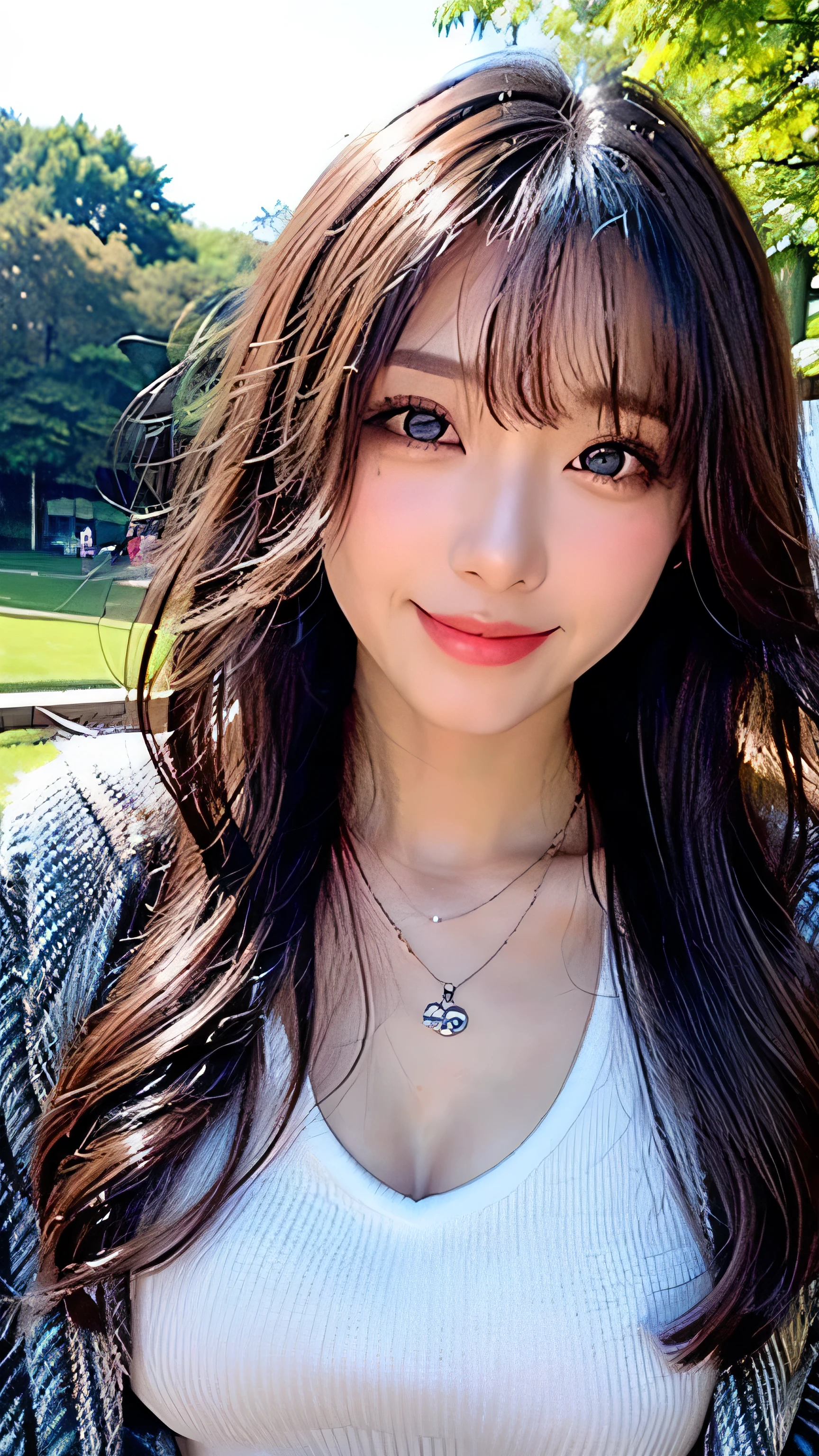 seed;2372725988,((Full Body Angle))、((Front hair:1.3))、((Highest quality, 8k, masterpiece: 1.3)), concentrated: 1.2, Cute 1,Nipples erect、 Perfect beauty: 1.4,Summer off-the-shoulder cropped T-shirt、Letter Print、Shorts: 1.2,Long sleeve、Randall Color、comics&Text Graphics、Black ruffle-trimmed drawstring zip blouse,1.1, Highly detailed face and skin textures, Fine grain, double eyelid, whitening skin, ,Highest quality,Ultra-high resolution,you,1 person,alone,_Shiny_skin,Iris,necklace,((brown_length_Wavy_hair)),(lips)),eyelash,Front hair,deal with,compensate,Shiny,pore,skin,Large Breasts、((smiling face))、Walking in the park、Selfie、((close-up))