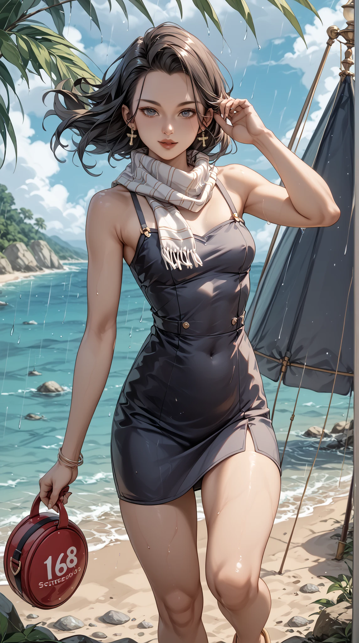 absurdres, RAW photo, extremely delicate and beautiful, masterpiece, Best Quality, ultra high resolution, 32k, hyperrealistic, ultra-detailed, perfect anatomy, anatomically correct, perfect figure, super Detailed skin, 20 years old, very Slim body, narrow waist, very small head, very small face, delicate facial features, detailed face, detailed eyes, tearful mole, earring, thin legs, bare legs, very huge round breasts, short medium hair, ((wavy hair)), wet clothes, ((admiral uniforms)), Skirt, trench coat, midriff, ocean,
