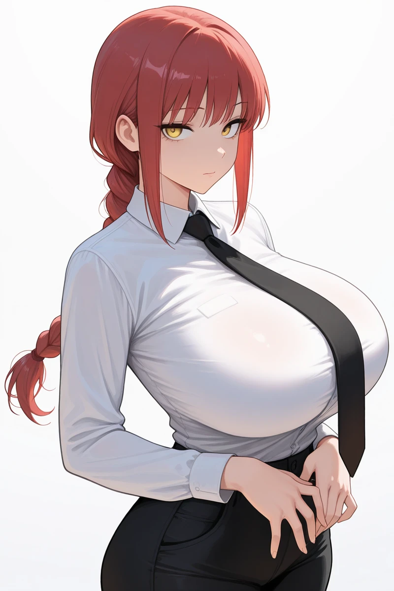 1girl,solo,red hair color,wolf cut hair(short),wolf ears,green eyes,slanted eyes,super huge breasts,slender,red shirt,long sleeves,briefcase,expressionless,looking at viewer,near,beautiful person ,cool,standing up,white background