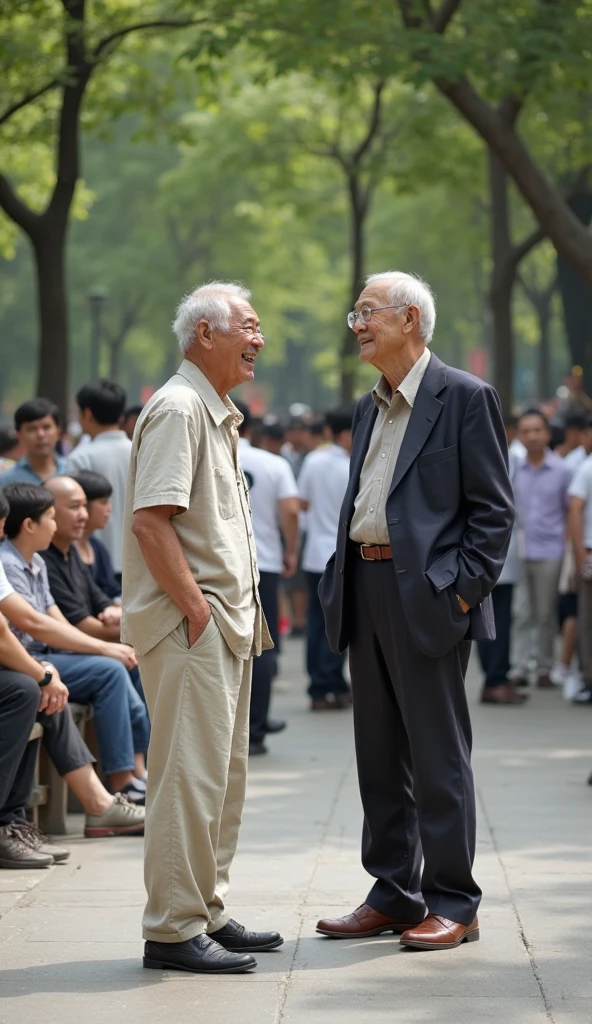 /imagine A young man talking to a wise old man in a peaceful park. The elderly man is sitting on a wooden bench, holding a bucket with a small hole. The young man listens attentively, with an expression of curiosity and wonder. ao redor, colorful flowers are in full bloom, and the sunlight shines softly, creating an atmosphere of learning and connection between generations.