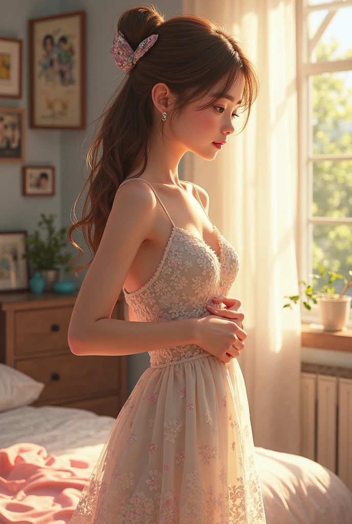a beautiful young girl in sheer dress, looking the sunset --auto --s2