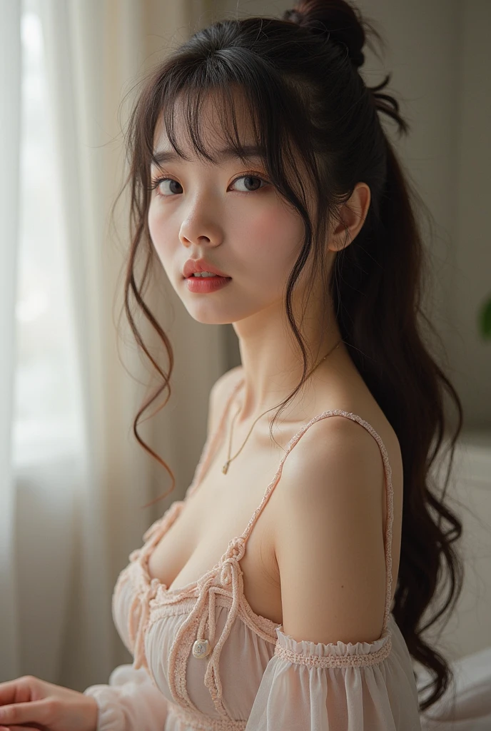 You are a professional photographer。Highest quality, masterpiece, Ultra-high resolution, (Realistic), Please sit down and spread your legs.、RAW Photos, Japanese Idols、ponytail、Brown micro bikini, 、Whole Body Ezbian、choker、Highly detailed face and skin texture, Delicate eyes, double eyelid