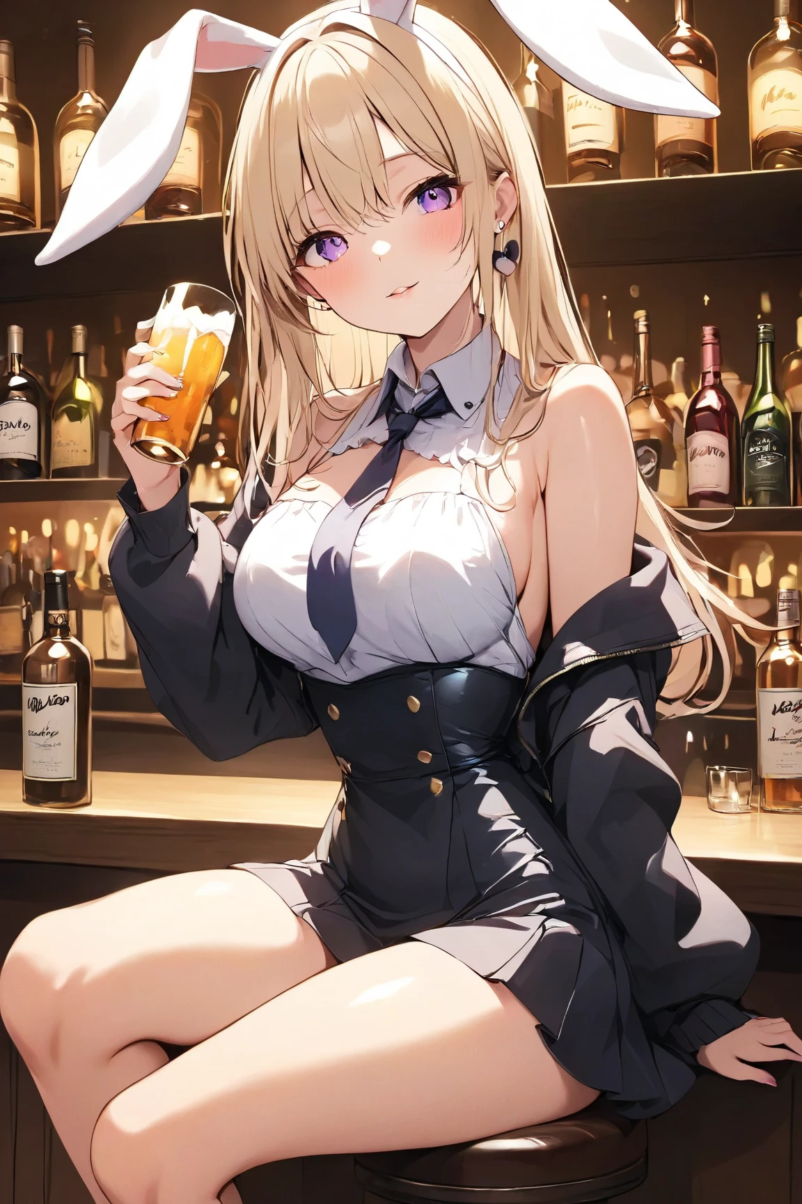 (masterpiece:1.3, top-quality, ultra high res, ultra detailed), (realistic, photorealistic:1.4), beautiful illustration, perfect lighting, natural lighting, colorful, depth of fields, nfsw,
looking at viewer, sideshot, cowboy shot, 1 girl, japanese, 20 years old, perfect face, (perfect anatomy), cute and symmetrical face, baby face, shiny skin,
(long hair, curvy hair, blonde hair), swept bangs, blue eyes, big eyes, long eye lasher, (large breasts:0.8, seductive thighs, big ass),
beautiful hair, beautiful face, beautiful detailed eyes, beautiful clavicle, beautiful body, beautiful chest, beautiful thigh, beautiful legs, beautiful fingers, break,
playboy bunny girl, high-cut leotards, black bow tie, white cuffs, thighs wrapped in fishnet stockings, black rabbit ears, the tail of a rabbit grows out of the ass, have a tray of liquor, ,
(beautiful scenery), day time, (bar counter, shop front:1.4), (seductive smile, upper eyes),