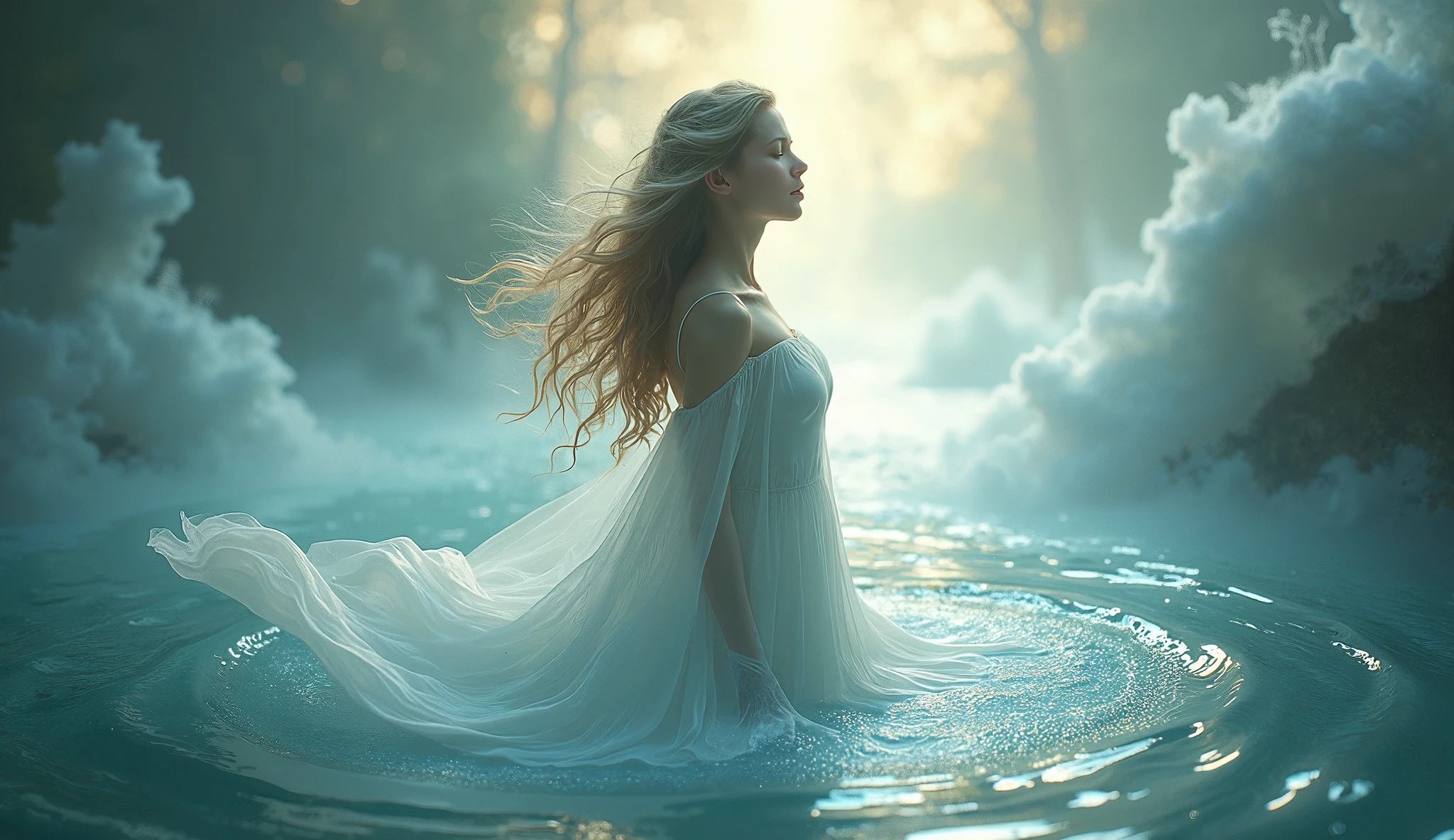Arafed woman in a white dress sitting in a body of water - SeaArt AI