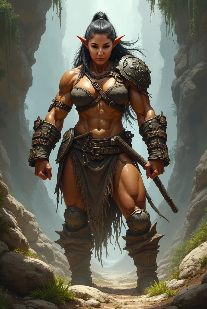 (1woman, female, solo), (half orc), (dark pale red skin:1.5), (tall, tusks), (muscular, grin), (long blue black hair, dreadlock haircut), 
(Dungeons and Dragons, character), (Warrior), 
(Barbarian tattoos, tribal barbarian pants, barbarian armor, boots), (holding object, holding iron sword), 
(tribal arena place background),
8K, RAW, best quality, ((masterpiece, best quality)), ultra high res, colorful, (medium wide shot), full body, (dynamic perspective), sharp focus, (depth of field, bokeh:1.3), extremely detailed eyes and face, beautiful detailed eyes, 