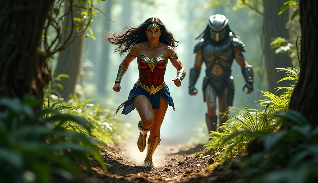 Amazon warrior teenager running, pursued by the spirit of a zombie Wonder Woman with her Lasso of Truth.