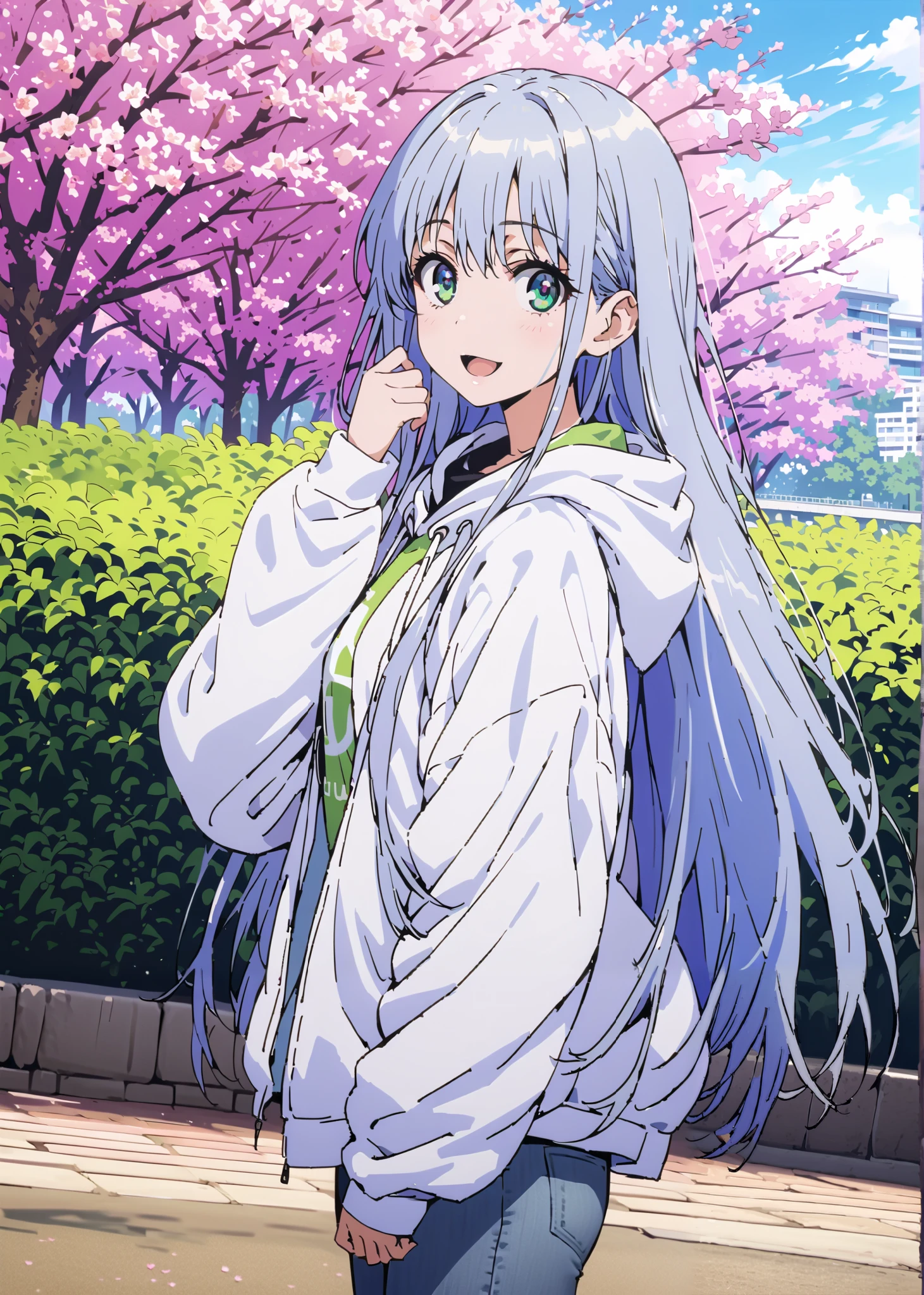 score_9, score_8_up, score_7_up, source_anime, Prohibited bibliography, Alone,green eyes, blue hair, long hair,Baseball hats,short outer jacket,oversized white plain hoodie,skinny jeans,sneakers,cherry blossoms,Trail,standing,Beautiful Scenery,smile,cover,opens her mouth,morning,morning日,so that the whole body fits into the illustration, break outdoors, garden,
break looking at viewer,
break (masterpiece:1.2),best quality , kampala, Unity 8K Wallpaper ,(shape:0.8),( fine, beautiful eyes :1.6),It's a person ,full body photo,CG Details , (perfect hands,complete anatomy),