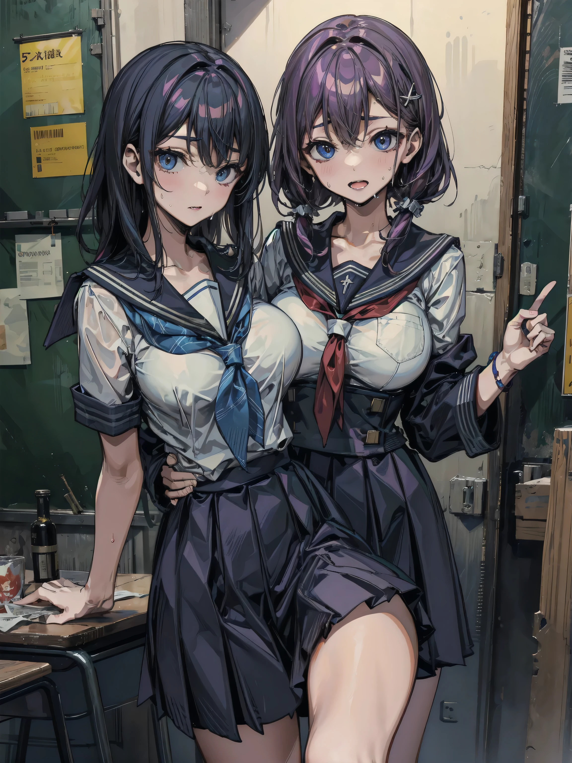 high school girl、School classroom、((Big Breasts))、((((独奏))))、smirk、1 girl、from below、With a cheek cane