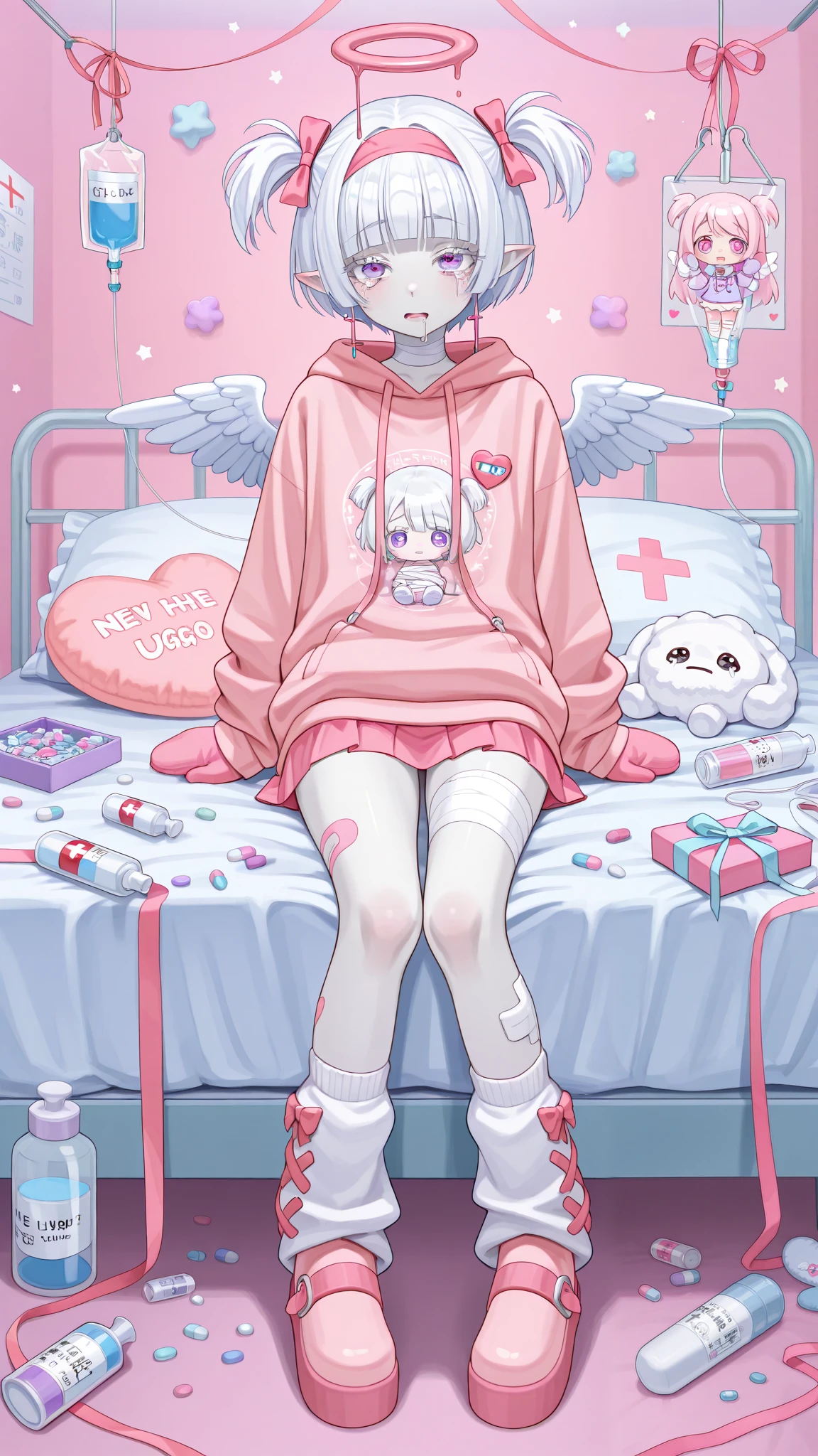 The girl is albino, she has white skin and slightly pointed ears, her eyes are indigo blue , and her eyelashes are white. She has short white hair short bob haircut and has small pigtails on the sides of her head. She is wearing a pastel pink/lilac oversized hoodie with long sleeves, white wool mini skirt,pastel pink/lilac and white socks and leggings with a set of badges, white ugg boots,mittens,bandages on the thigh. She belongs to the Yamikawaii subculture, so her outfit is decorated with small bandaged wounded angel wings, symbols of medical crosses, eyeballs, hearts, stars, pills,medical bottles, ampoules with medicines, IV drip with tubes , dental models, band-aids, and toy syringes. On the background: a cute pastel pink/baby-blue/lilac medical ward with medical bed surrounded by plush pillows and open empty gift boxes, ribbons hang from the ceiling. she lies on the bed, drooling and crying.