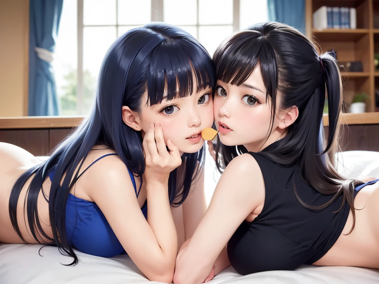 locker room,for two、Move、 Two 、(Thin:1.5),( Big Breasts),(    black hair、long hair per person),( Ki on a bed with large windows,(8k),  super real , 最 high quality DVD ,  high quality DVD ,   high resolution,  high quality DVD なテクスチャ,  High Details,  Beautiful details ,  fine details, highly detailed CG,  Two women kiss ,  Realistic facial expressions , masterpiece, ),is shy、The two of them are opening their crotches