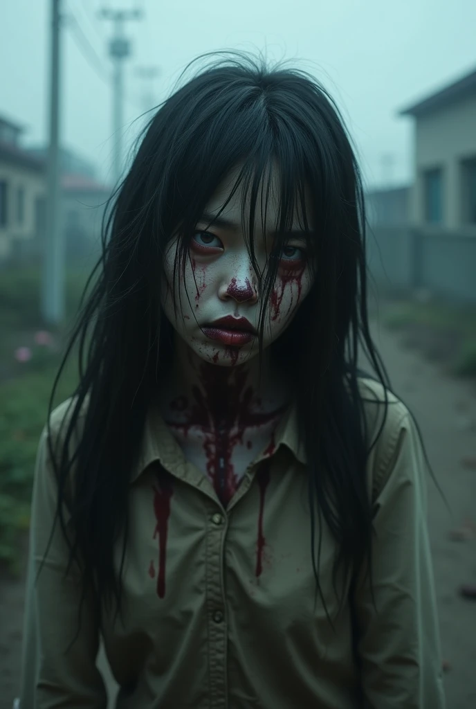 A scary corean girl looking like a animal in four support position on the ground holding a dead bloody animal in her mouth with savage look in a house's yard terror style