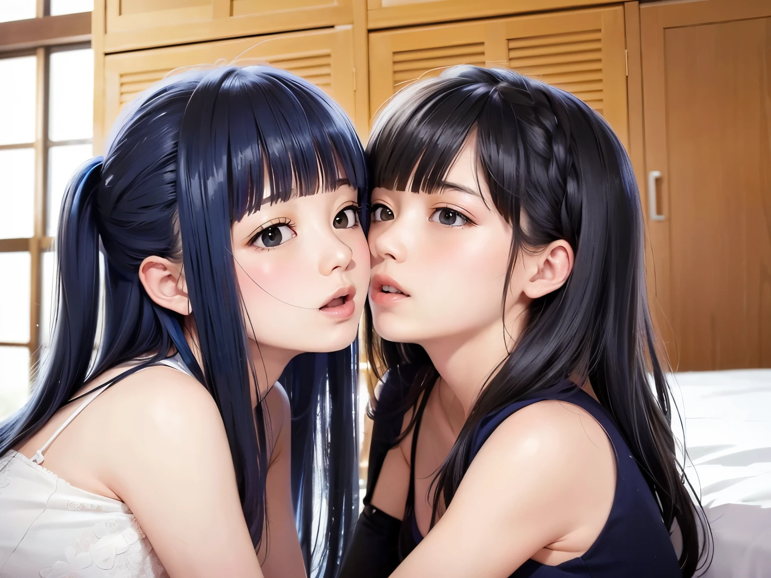locker room,for two、Move、 Two elementary school students、(Thin:1.5),( Big Breasts),(    black hair、long hair per person),( Ki on a bed with large windows,(8k),  super real , 最 high quality DVD ,  high quality DVD ,   high resolution,  high quality DVD なテクスチャ,  High Details,  Beautiful details ,  fine details, highly detailed CG,  Two women kiss ,  Realistic facial expressions , masterpiece, ),is shy、The two of them are opening their crotches