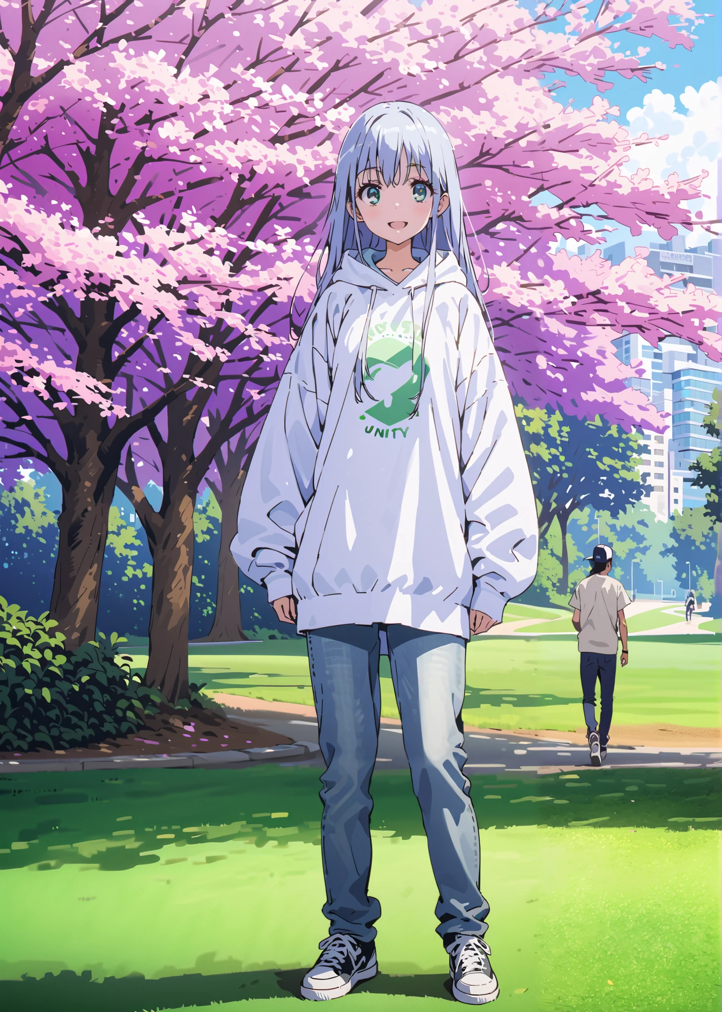 score_9, score_8_up, score_7_up, source_anime, Prohibited bibliography, Alone,green eyes, blue hair, long hair,Baseball hats,short outer jacket,oversized white plain hoodie,skinny jeans,sneakers,cherry blossoms,Trail,standing,Beautiful Scenery,smile,cover,opens her mouth,morning,morning日,so that the whole body fits into the illustration, break outdoors, garden,
break looking at viewer,
break (masterpiece:1.2),best quality , kampala, Unity 8K Wallpaper ,(shape:0.8),( fine, beautiful eyes :1.6),It's a person ,full body photo,CG Details , (perfect hands,complete anatomy),