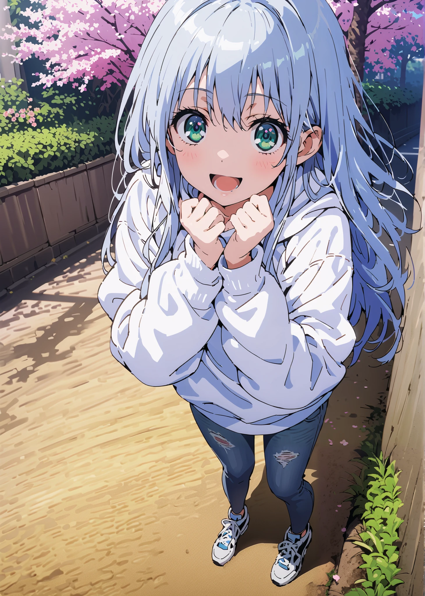 score_9, score_8_up, score_7_up, source_anime, Prohibited bibliography, Alone,green eyes, blue hair, long hair,Baseball hats,short outer jacket,oversized white plain hoodie,skinny jeans,sneakers,cherry blossoms,Trail,standing,Beautiful Scenery,smile,cover,opens her mouth,morning,morning日,so that the whole body fits into the illustration, break outdoors, garden,
break looking at viewer,
break (masterpiece:1.2),best quality , kampala, Unity 8K Wallpaper ,(shape:0.8),( fine, beautiful eyes :1.6),It's a person ,full body photo,CG Details , (perfect hands,complete anatomy),