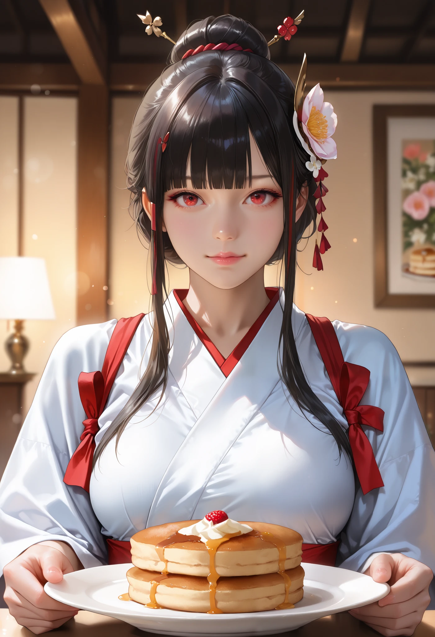 Pancakes, bright look、photorealism、highest quality、Super high resolution、picture extraordinary beautiful girl cute and beautiful face details、、beautiful bangs shining white skin
TKNKZMI, (best quality,highres:1.2), (realistic:1.37), HDR,UHD,studio lighting,extremely detailed,professional,vivid colors,bokeh, portraits,warm toned lighting beautiful woman face, beautiful light red eyes, black hair, blunt bangs, eye shadow, sidelocks, hair ornament, hair bun, white and red miko yukata, Amazing Photo, Dining room, Pancakes on a plate, Lovely breakfast,