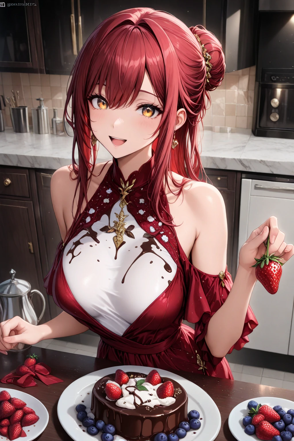 A red haired woman with red eyes with an hourglass figure in a cute summer dress is cutting up a watermelon in the kitchen with a big smile