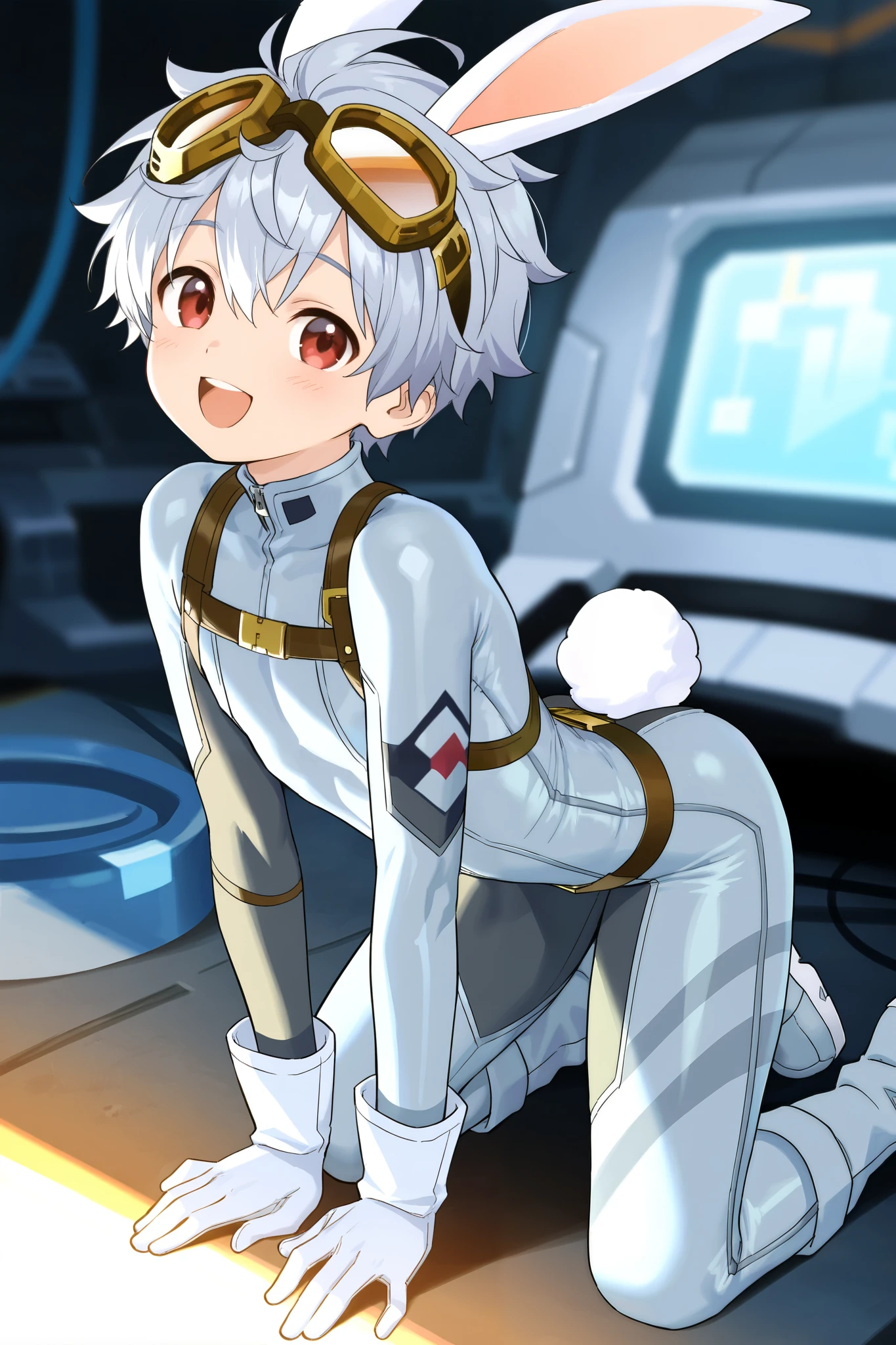 a boy, short hair,boy in grey bodysuit,Kneeling,cute,happy,Goggles,sexy,Looped rabbit ears, Shota, masterpiece,Busty Body