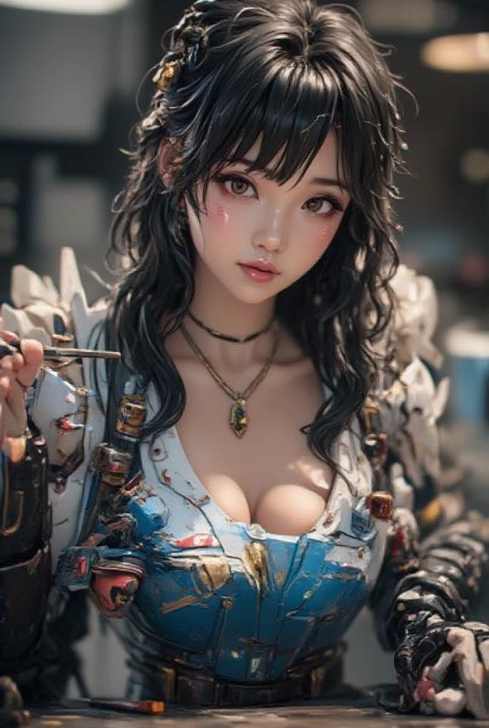 beautiful girl in red leather top big breast hot cleavage blue hair hyper realistic oil painting thick impesto technique --auto --s2