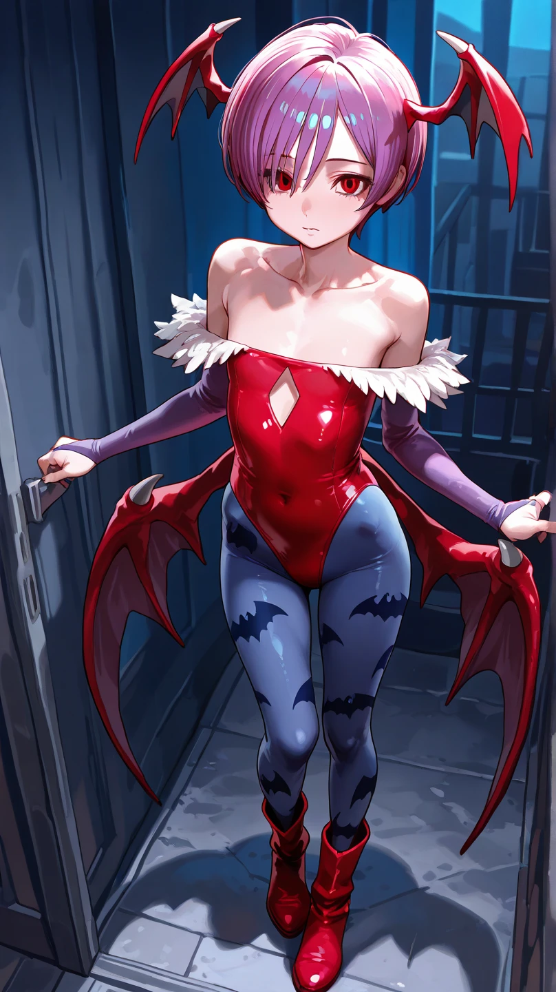 Hentai anime,hentai artist,masterpiece, best quality, realistic anime art, front light,solo, strapless leotard, detached short sleeves, thighs, purple eyes , nishikino maki love live,small breasts,standing ,pink see-through elbow gloves,pink see-through pantyhose, red hair, finger to mouth, head tilt, looking at viewer , wearing morrigan aensland custom , wide hips
