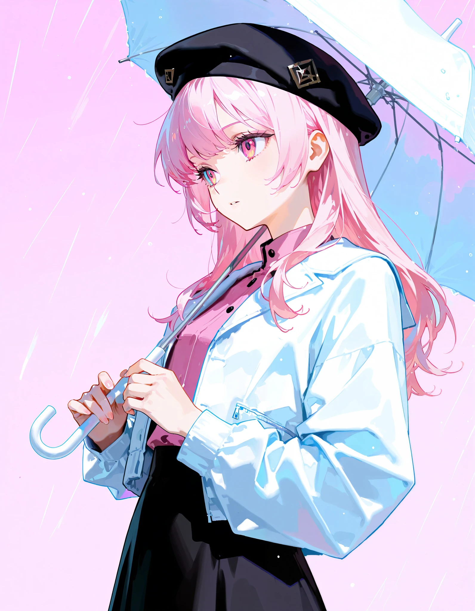 pink hair and black and white jacket,pink orange eyes(details), 1 woman with an umbrella, alone, long hair, Black skirt , black hat, shirt,cartoon,black beret,Solo painting,upper body,Pink purple background,looking directly into the camera