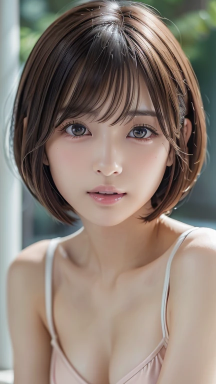 8K Ultra HD、RAWphotograph、モデルphotograph撮影、 European laceasterpiece、Highest quality、Realistic、High resolution、photograph:1.3)、close、focus on、Hot Model、slim、30 year old mature woman、Small face、No makeup、short hair、Beautiful dark brown Hayne eyes、Genuineスキン、(Perfect body)、Sexy hot face、erotic、sexual sight、slim、Sweat top、Beautiful eyes in every detail、Glossy Lips、Small breasts、Small breasts、Bust B cup、((Bright light、Dynamic Lighting、Genuine、超Genuine、 realism、Genuineなディテール、Cool Beauty、Cool pose、Background gray、Plain gray background