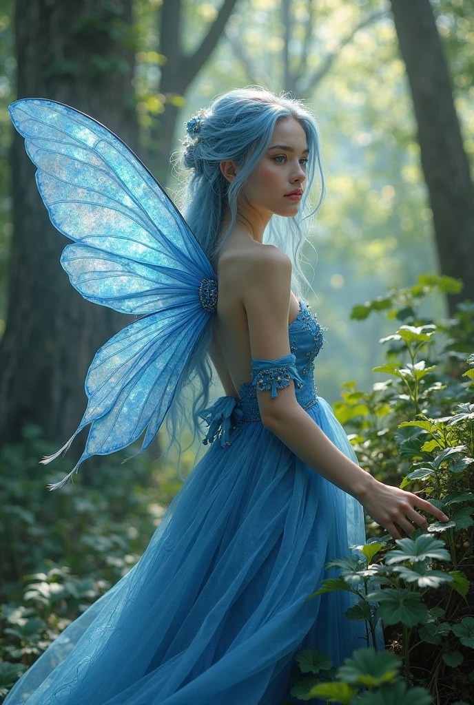 An adult fairy with blue long hair and blue eyes. She is in her mid 40s. She has deep blue fairy wings, which are wetted by water. She has a wise expression. She wears medieval clothing.