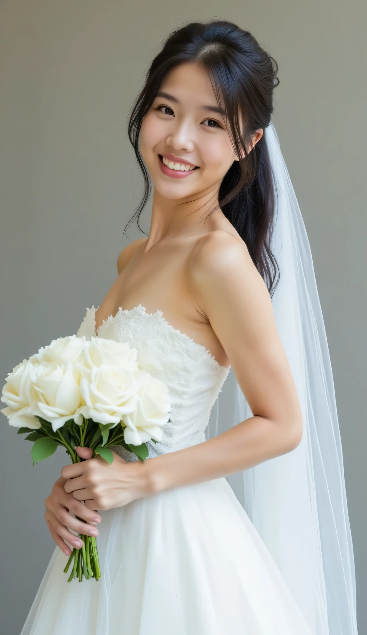 a young woman with light Asian skin, long straight black hair, captivating dark brown eyes, a slim figure with curves, standing at a graceful 167 centimeters with a perfect 35-23-36 silhouette, and a radiant smile, is wearing a beautiful white wedding dress. The dress is strapless, with a delicate lace bodice and a long, flowing skirt. The veil is made of sheer white fabric, and her hair is styled in an elegant updo. She is holding a bouquet of white roses, and her dark brown eyes sparkle with happiness. The overall composition is romantic and elegant, capturing the joy and beauty of Aiko on her wedding day.