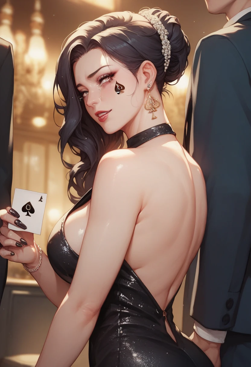 ((Best quality)), ((masterpiece)), (detailed: 1.3)
Beautiful woman, one girl, very detailed eyes, very detailed hair, very detailed clothes, very detailed face, 20 years old girl
((Purple eyes)), ((black hair, wavy hair, long hair)), ((elf ears)), heart earrings, piercing, tanned skin, ((black latex dress)), large breasts, cleavage, thick ass, choker, heart necklace, beautiful eyelashes, eyeliner, sultry eyes, juicy lips, soft blush, smooth skin, freckles, natural eyebrows.
Posing sexily, ((holding money in hands)), looking at viewer, in love with viewer, romantic lightning, bedroom, dimmed lights, showing only face and upper body.