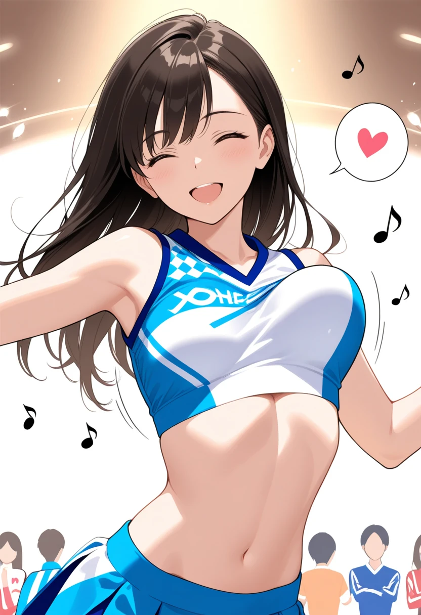 masterpiece, best quality, highres, aaanitta, long hair, medium breasts, blue one-piece swimsuit, competition swimsuit, collarbone, idolmaster, <lora:nitta_minami_v1:0.7>, stage, sweat, holding microphone, open mouth,