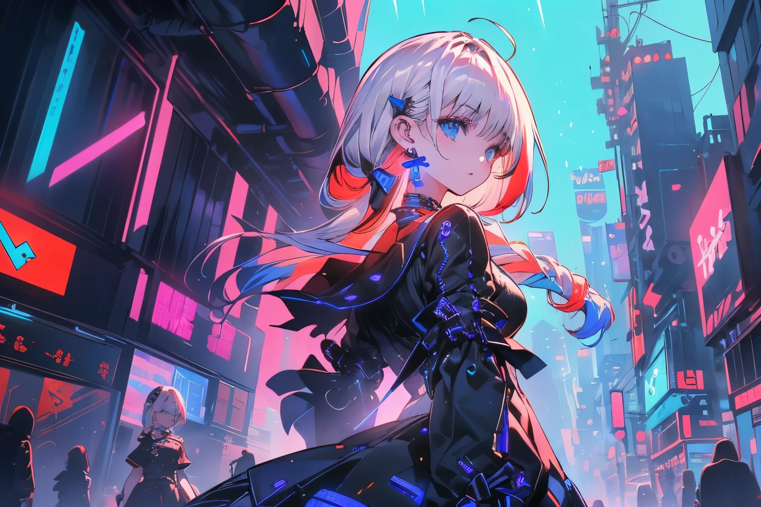 a Vampire Girl, portrayed in the vibrant and engaging world of Pixar 3D. Echoing the memorable character designs of John Lasseter, our heroine stands defiantly on a bustling city street, under a sky streaked with twilight hues. The color temperature, a mix of warm and cool, captures her eyes glittering with an ageless wisdom. The soft, diffused glow of city lights in the background set up an atmosphere of urban enchantment.