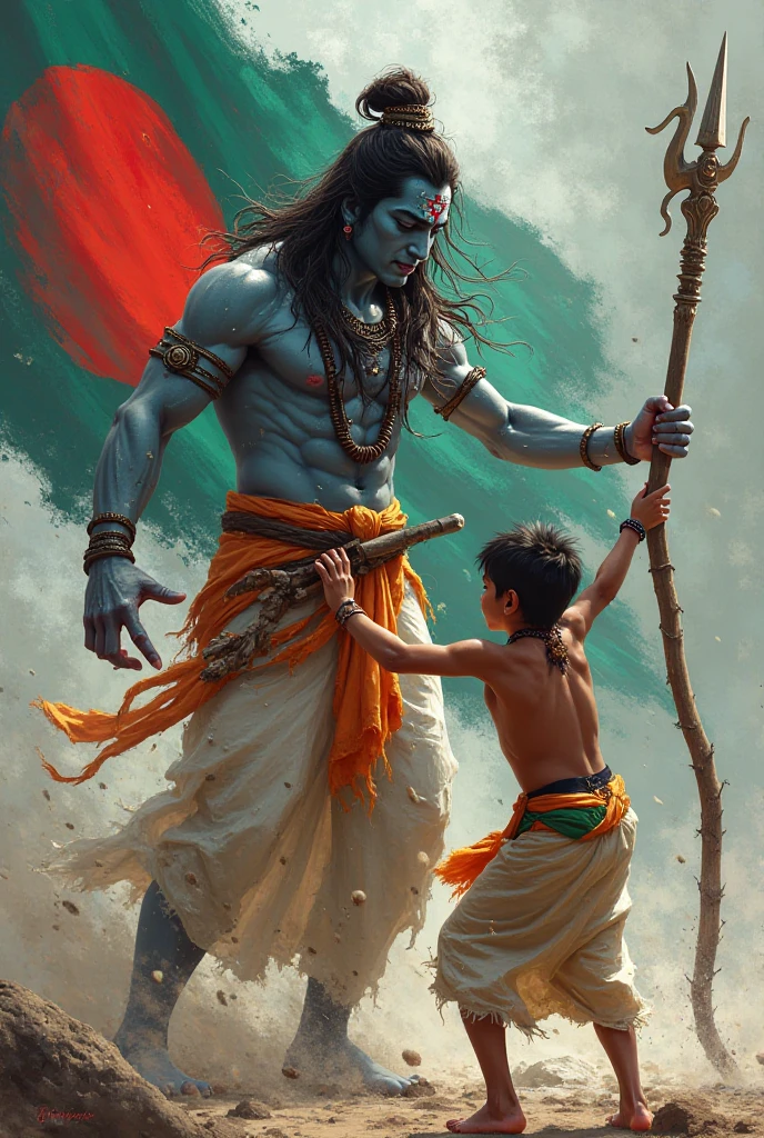 Singal young  man Protesting with the Hindu saffron-colour flag catoon background Mahadev angry look full background Mahadev 