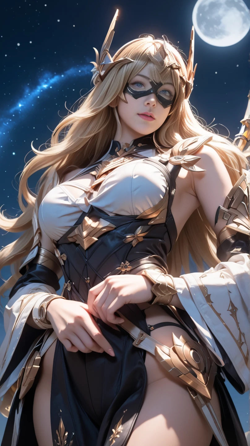 score_9, score_8_up, score_7_up, score_6_up, score_5_up, score_4_up, Masterpiece, Anatomically correct, yua, Sharp features, Perfect face, Symmetrical perfect eyes, wavy hair, Perfect proportions, Perfect beautiful body, BREAK, Detached sleeves, Valkyrie armor with gold decoration, , head mounted display, magical emblem, fire magic, Fire pattern, BREAK, mysterious starry night, moon light, aurora shines brighter and more brilliantly, Dynamic pose, cowboy shot, low angle, Looking at viewer,