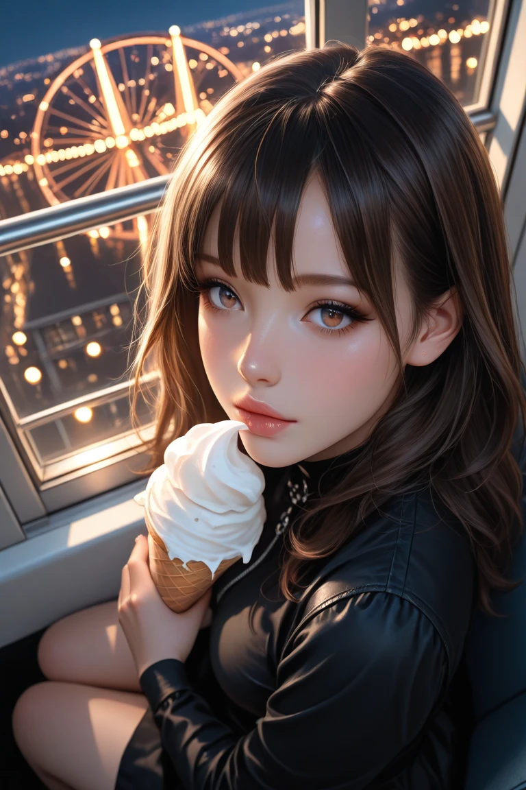 a woman, photorealistic, whisper innocent eyes, dark brown hair with bangs, smoky eye shadows, grayish brown eyes, glossy  soft lips, delicate face features, soft lighting, soft focus, black casual outfit, carrying a teddy bear, warm lights, at night carnival, very aesthetic, natural light, cinematic, soft light, dynamic pose, dim light, masterpiece, best quality, amazing quality, very aesthetic, absurdres, newest, highly detailed, high-resolution, kiri