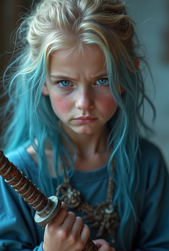 A short-haired 12-year-old girl dressed in medieval blue light-haired with scabies on her face --auto --s2