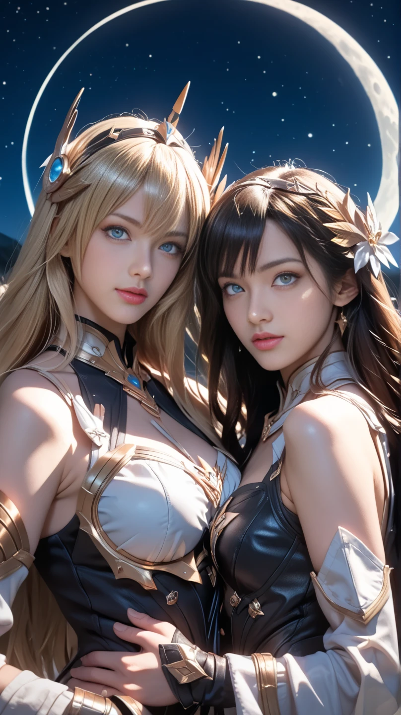 (masterpiece), realistic, beautiful face, cinematic light, bangs, ancient princess and her servant , full body, from above and side, outdoor, ancient ruins, beautiful eyes, silver hair, perfect anatomy, very cute, (blue eyes) , bioluminescence, 8 life size,8k resolution, human hands, elegant, approaching perfection, dynamic, highly detailed, concept art, smooth, facing directly at the viewer positioned so that their body is symmetrical and balanced, stunningly beautiful teenage girl, detailed hairstyle, fractal art, god ray, endured sadness expression, open mouth and stick out tongue, F-16 fighter jet chased by UFO, rainbow, winter, naked