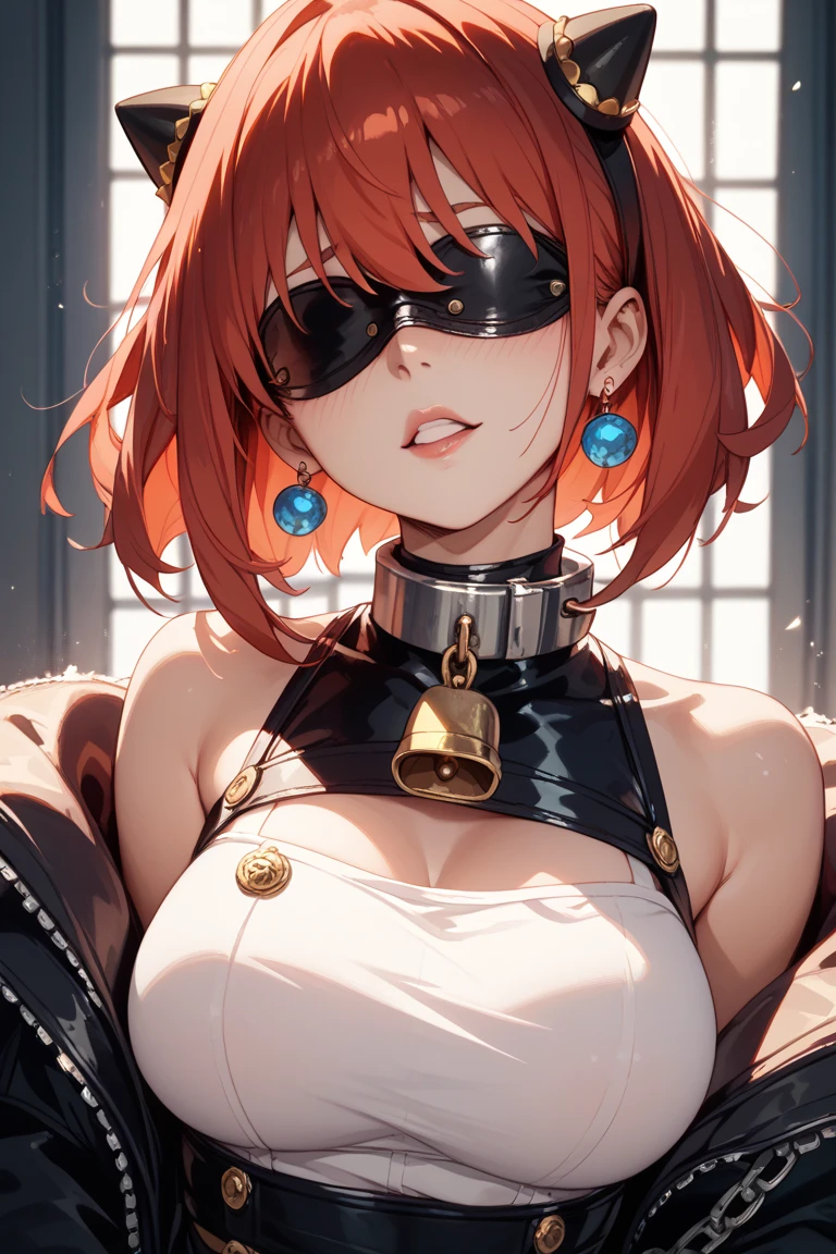 concept:beautiful woman portrait, quality:(highest quality, 8k, 4K, High resolution, masterpiece:1.2), Super detailed, (real, photorealistic:1.37), High quality artwork, beautiful illustrations, illumination:Bright colors, Lens flare, The overall dramatic atmosphere of the scene, natural light, examination table, velcro arm and hand restrains, velcro leg restrains, blindfold, collar, Highest quality, shape, Very detailed, In detail, High resolution, 8k wallpaper, Perfect dynamic composition, Beautiful details, Natural Lip, Cute underwear revealed, restrained , Big Breasts, Cleavage, She is detained、Subject information:alone, sexy woman, (round eyes), (small face), (high detail skin:1.2), long eyelashes, glossy lips, (bright orange hair, long straight, Patsun bangs, turquoise eyes), perfect face, cute face, shiny skin, long eyelashes, (big breasts), , car ears,