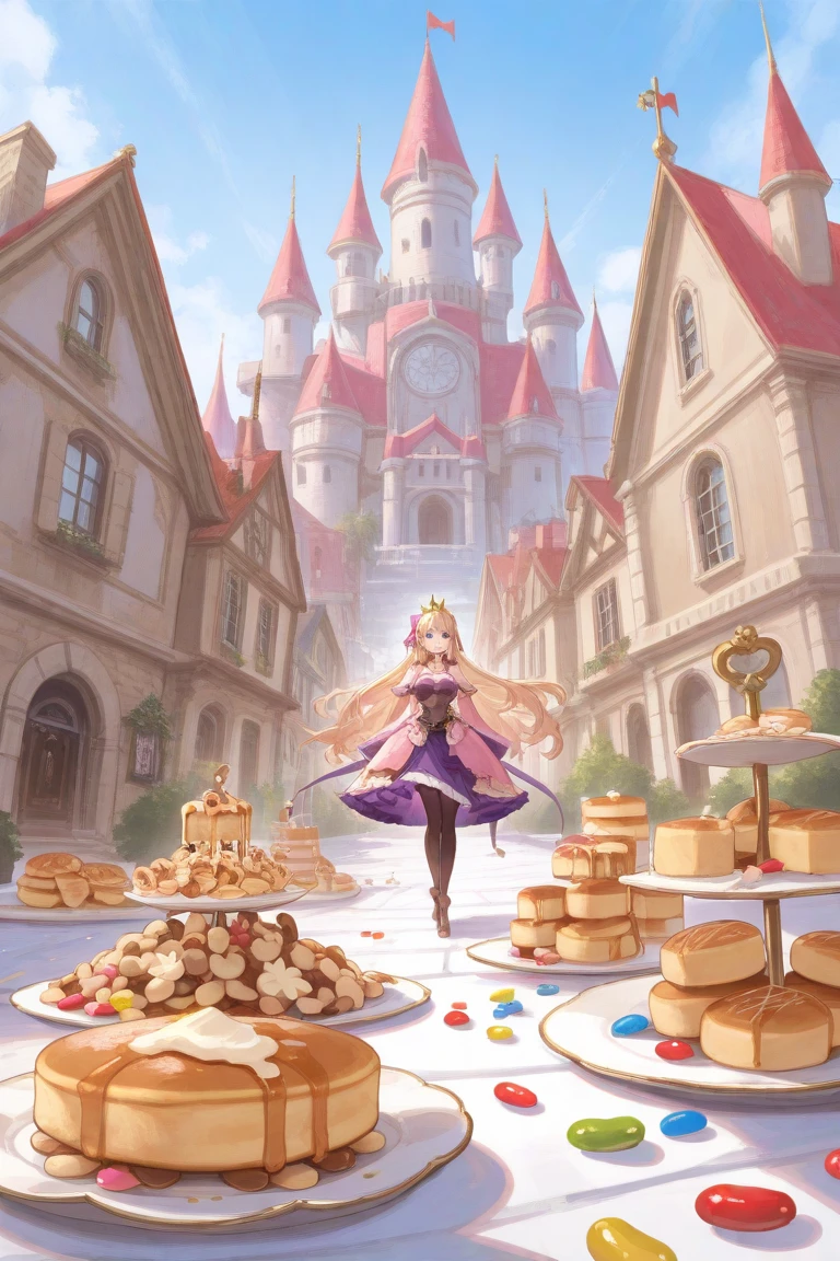 Large amount of cookies、Tons of jelly beans、A princess who lives in a candy castle、 eats pancakes、Wide Shot