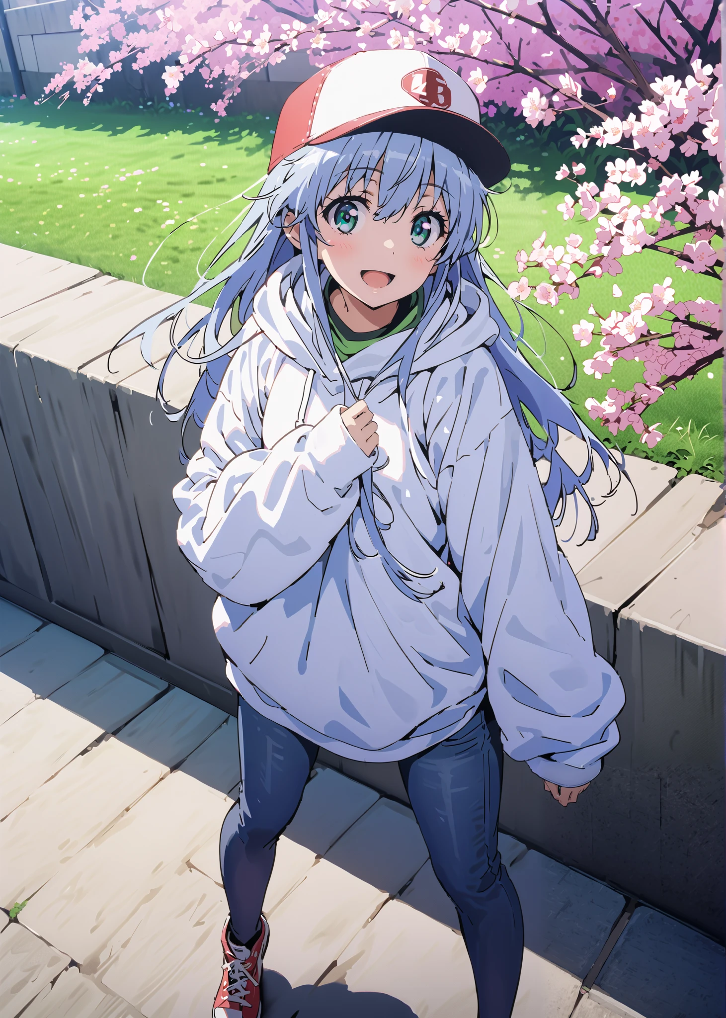 score_9, score_8_up, score_7_up, source_anime, Prohibited bibliography, Alone,green eyes, blue hair, long hair,Baseball hats,short outer jacket,oversized white plain hoodie,skinny jeans,sneakers,cherry blossoms,Trail,standing,Beautiful Scenery,smile,cover,opens her mouth,morning,morning日,so that the whole body fits into the illustration,                       break outdoors, garden,
break looking at viewer,
break (masterpiece:1.2),best quality , kampala, Unity 8K Wallpaper ,(shape:0.8),(  fine, beautiful eyes  :1.6),It's a person ,full body photo,CG Details , (perfect hands,complete anatomy),