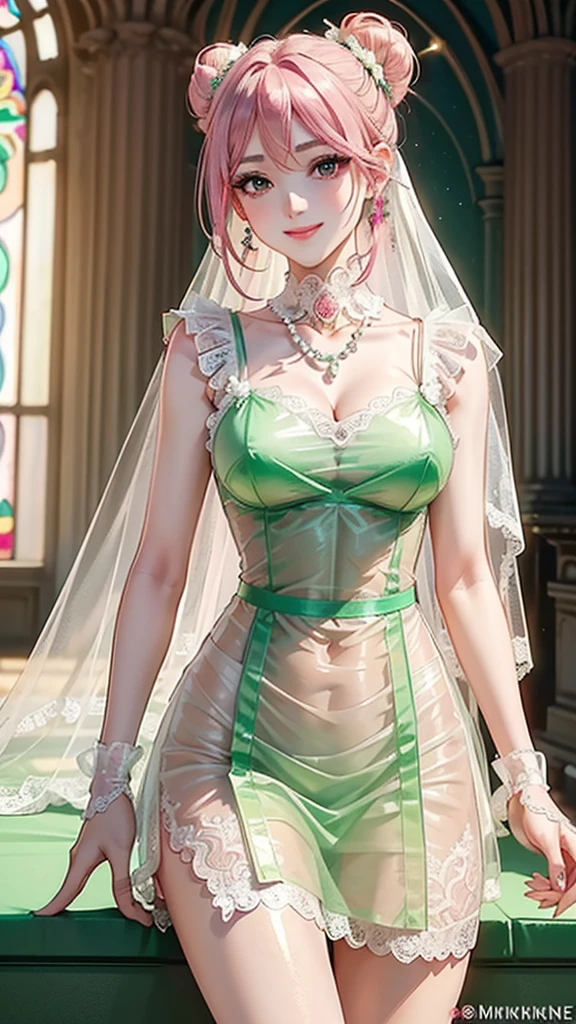 Green Dress Flower Cleanser，Sense of atmosphere, best qualtiy，tmasterpiece，1girll，30-years old，Green dress，Daytime Church，full body Esbian, Green gloves，With short black hair，big breasts beautiful，looking at viewert，ssmile，Green Bridal Veil，Green Long Grove，Satin green long gloves,　lipsticks, Pearl Necklace、Green gloves,　emerald tiara