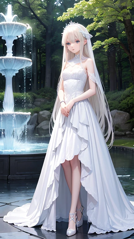 Road Across the Lake, Tower Mansion, Princess in White Dress, (Dynamic Angle: 1.2), Best Quality, Masterpiece, Ultra High Definition, beautiful_face, Detailed Skin, (All in a pleasing and suggestive composition while emphasizing the subject's hair, eyes, mouth, action), features calm tones