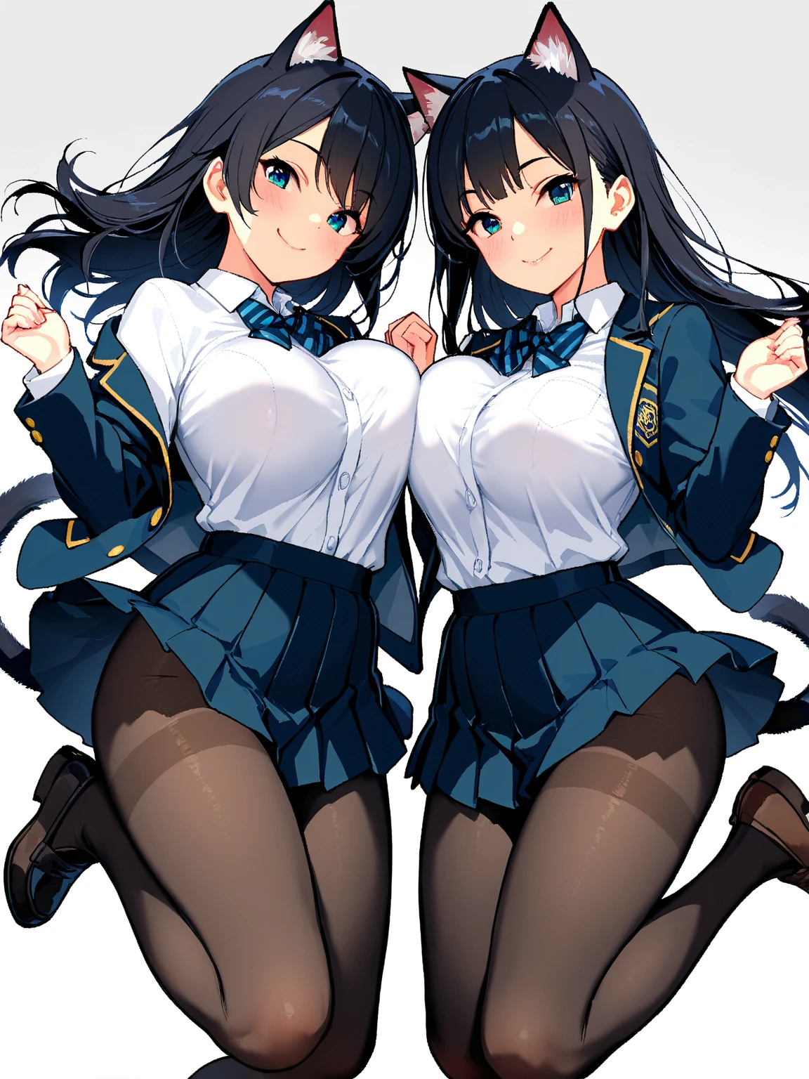 (8K、Best image quality、highest quality、masterpiece)、Detailed face、(2 girls)、Improve、(Black Hair, Purple Eyes, long hair), (glamorous:1.1), (huge breasts:), (Light blue striped micro bikini:1.2), Classroom Background, (open mouth), (embarrassed), (black stockings:1.2), (Thighs:1.2), (Waistline),(from buck:1.5)