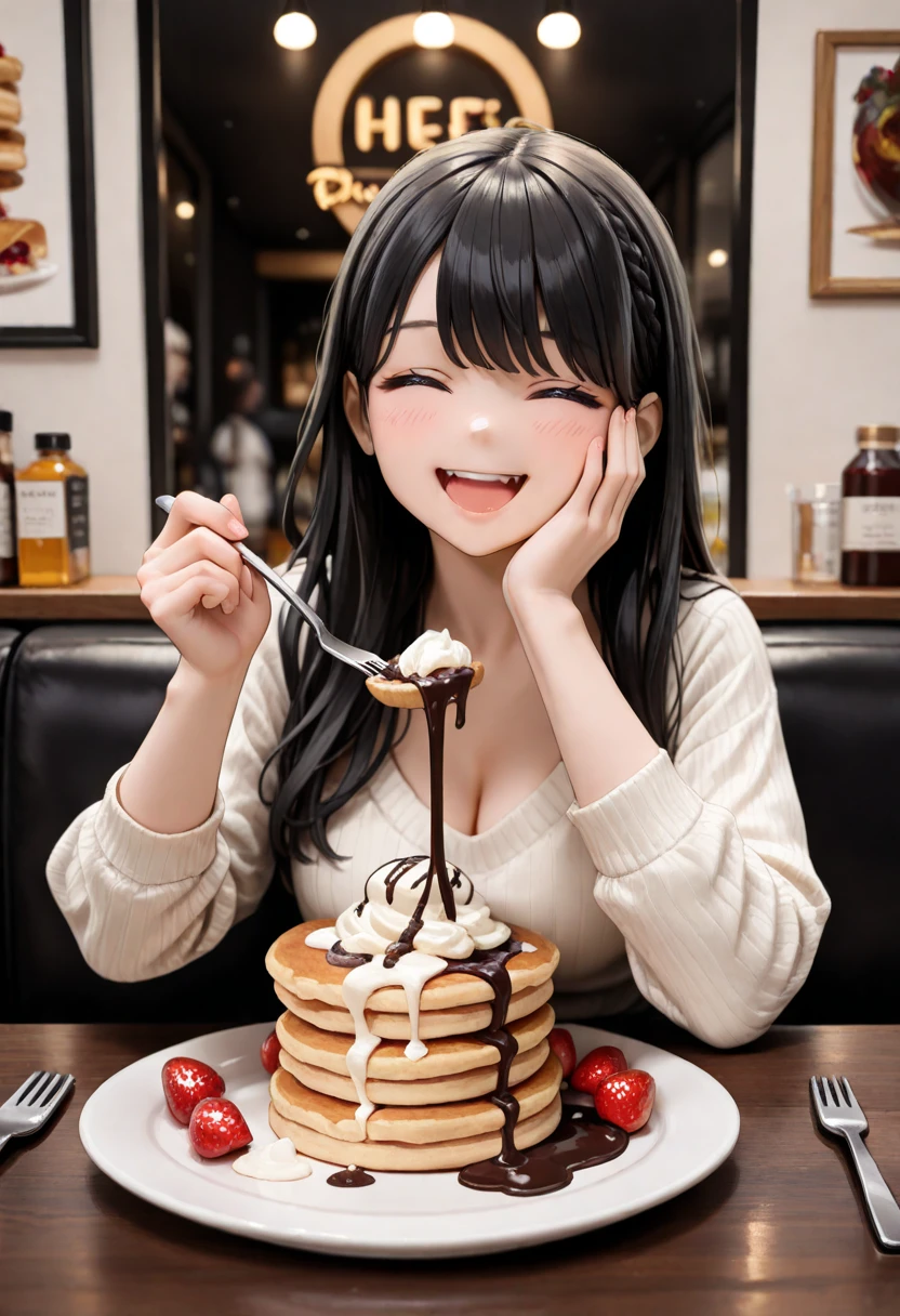 Black girl with long gray hair, gray eyes. thin lips fat body It floats in the cake cream
