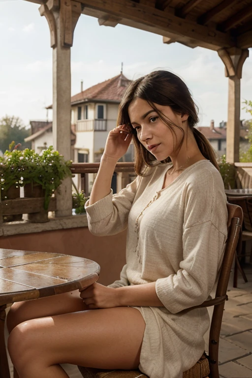 Sophia Lillis, thick woman medium sized breasts, long wavy black hair, photograph quality, eyeshadow and lipstick, Italian dress, sitting in a chair on a candle lit veranda overlooking an Italian city at day