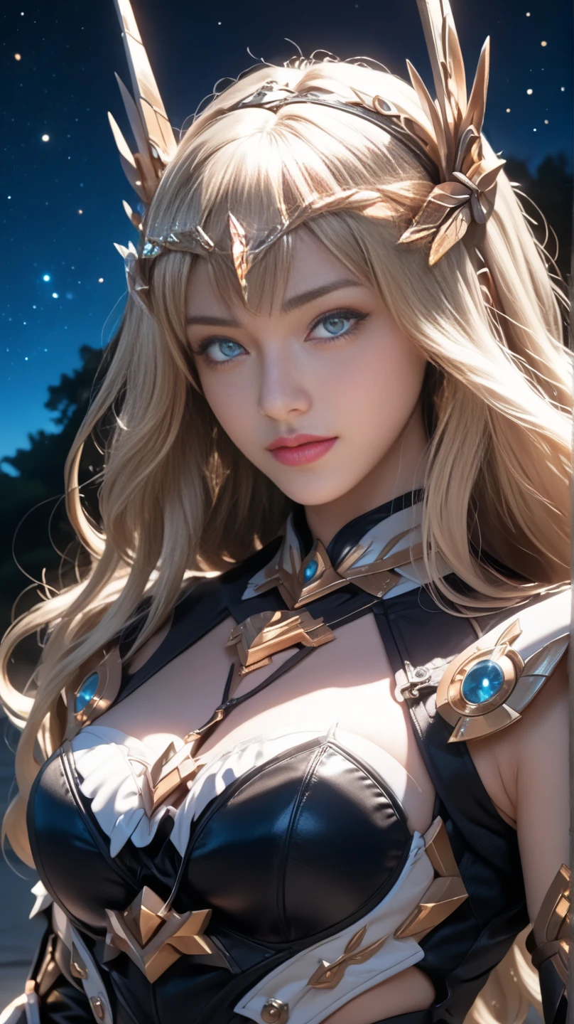 kusari armor, glowing, tall, thin, heart-shaped face, olive skin, blonde hair, brown eyes with green spots, straight nose, full lips, prominent chin, shoulder-length hair, fine hair, formal updo, round breasts, artificial earrings, a dramatic cliffside with rough waters below,