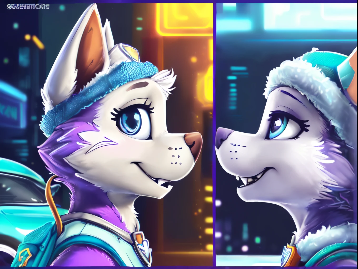 Everest, ((Paw Patrol)), ((female solo)), domestic dog, female, adult female, blue eyes, (((purple fur)), ((purple body)), (wearing Paw Patrol gear:1.25), (wearing Paw Patrol bagpack:1.45), (feral:1.25), (quadruped:2.25), ((wearing aqua winter hat)), ((sharp teeths)), ((large fangs)), blue eyes, (Shiny eyes:1.6), ((Pixar eyes)), perfect eyes, ((glowing eyes)), (hyper realistic:1.65), long fluffy tail, very large tail, tail up, very furry and fluffy, ((very large fangs)), smiling, perfect ligthing, (Cyberpunk city background:1.25), ((many hearts all over the screen)), (side view:1.65), looking at Viewer, ((seductive break)), ((spread legs)), spread legs, (rajii:1.1) (dimwitdog:1.1), (thesecretcave:1.25), (cooliehigh:1.1), (miles-df:1.1), (complextree:1.1), (pixelsketcher:1.1), (foxovh:1.1), (zaush:1.1), (avante92:0.70), (meesh:1.1), (inu-sama:0.80), (cervina7:1.1), (F-R95:0.70), (R-mk:1.1), (xpray:1.1), (standing tall:1.65), (brave pose:1.0), (valiant pose:1.0), (large fluffy tail:1.65), (she is over a car:1.65), (close up to face:1.35)
